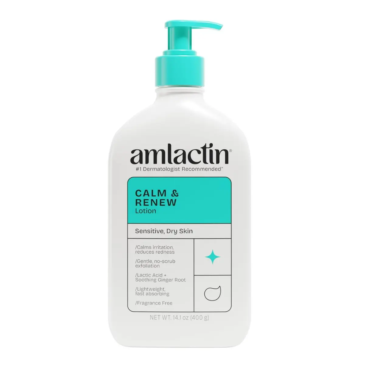 AmLactin Calm & Renew Lactic Acid Ginger Root Lotion, 14.1 oz, for Sensitive Dry Skin, Gentle Exfoliating & Moisturizing Formula for Smoother, Calmer-Looking Skin