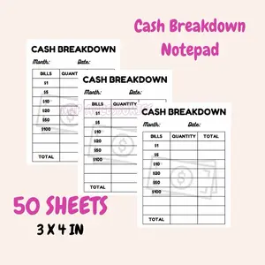 Cash Breakdown Notepad Memopad - 50 Sheets - 3x4 Inches - Month and Date, Bank Teller, Cash Bill Tracker - Buy 2 Get 1 Scrunchie for FREE