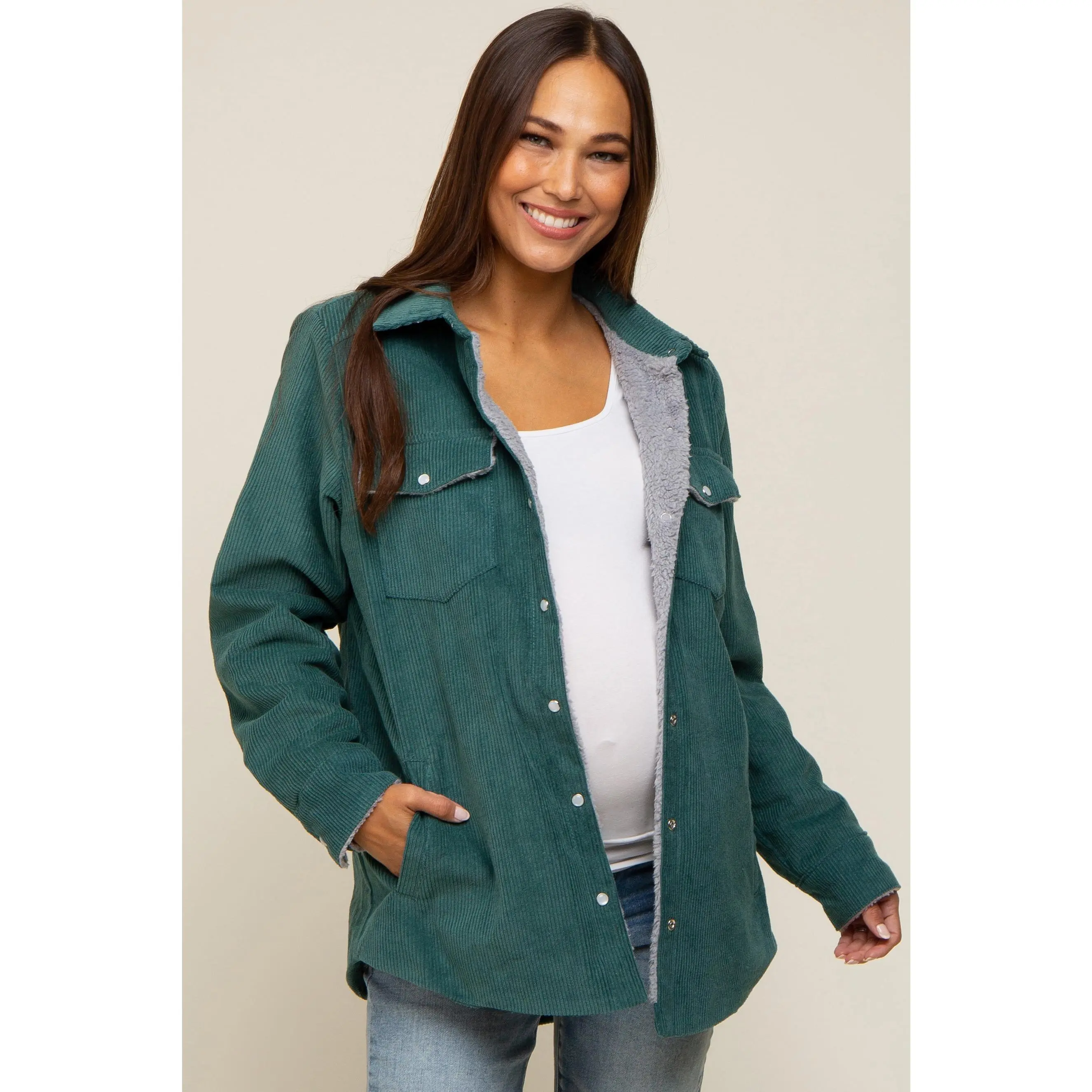 Forest Green Corduroy Sherpa Lined Maternity Shacket