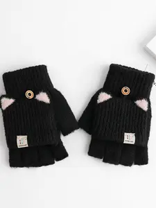 Winter Gloves for Women, New Korean Style Cute Flip Cover Half Finger Five Fingers Writing Knit Warm Gloves, Fashionable and Cozy