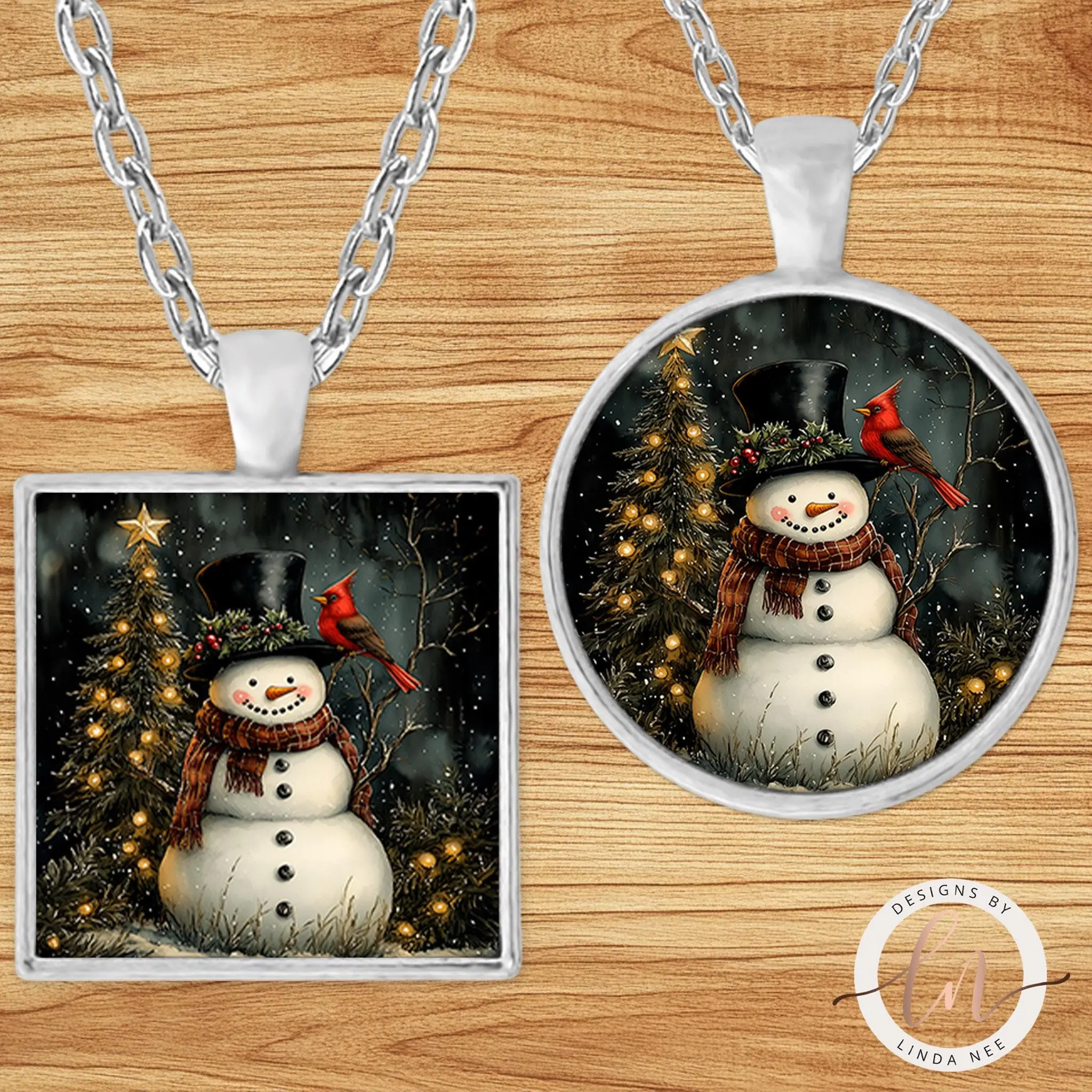 Snowman & Cardinal Christmas Pendant Necklace