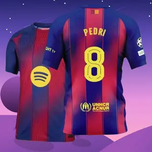 25 26 Home Red And Blue 8# Pedri Short Sleeve Soccer Jersey Fans Version X