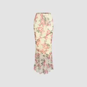 Cider [2 colors, size 0-10] Floral Mesh High Waist Maxi Skirt