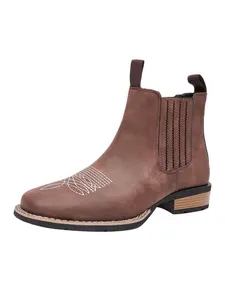 Men Low Heeled Bare Boots With PU Embroidery Pattern Square Toe Classic  Comfortable Men Western Ankle Cowboy Boots