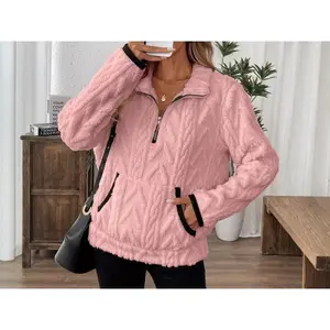 Autumn Winter New Style Turn-Down Collar Chanel-Style Jacquard Half-Zip Fleece Pocket Short Sweatshirt