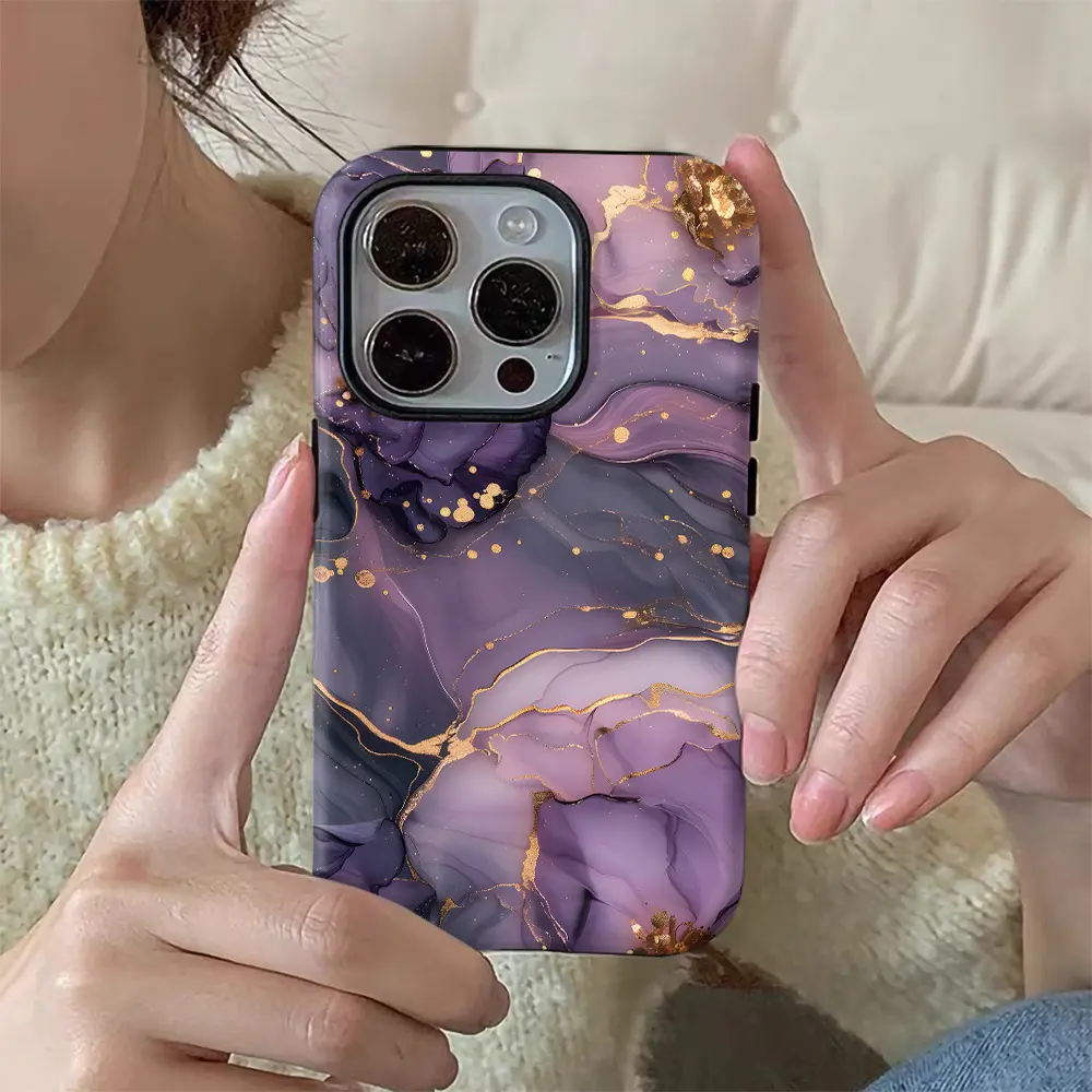 Purple Marble Print Golden Glitter 2-In-1 Film Cellphone Casing - Tough Dual-Layered Handheld Device Accessory, Durable Drop-Proof Protection for iPhone 16,15,14,13,12,11,8,7,X,XS,XR,Plus,Pro,Max,Mini,SE2,SE3 (Perfect Birthday Gift)
