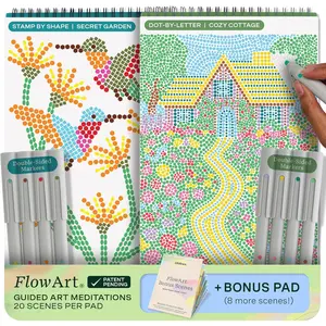 Lifelines FlowArt Activity Pads, 2-Pack & Bonus Pad - Guided Dot Art Meditations - 8 Double-Sided Markers & 48 Scenes - Dot-by-Letter & Stamp-by-Shape Coloring Books for Tweens, Adults & Seniors