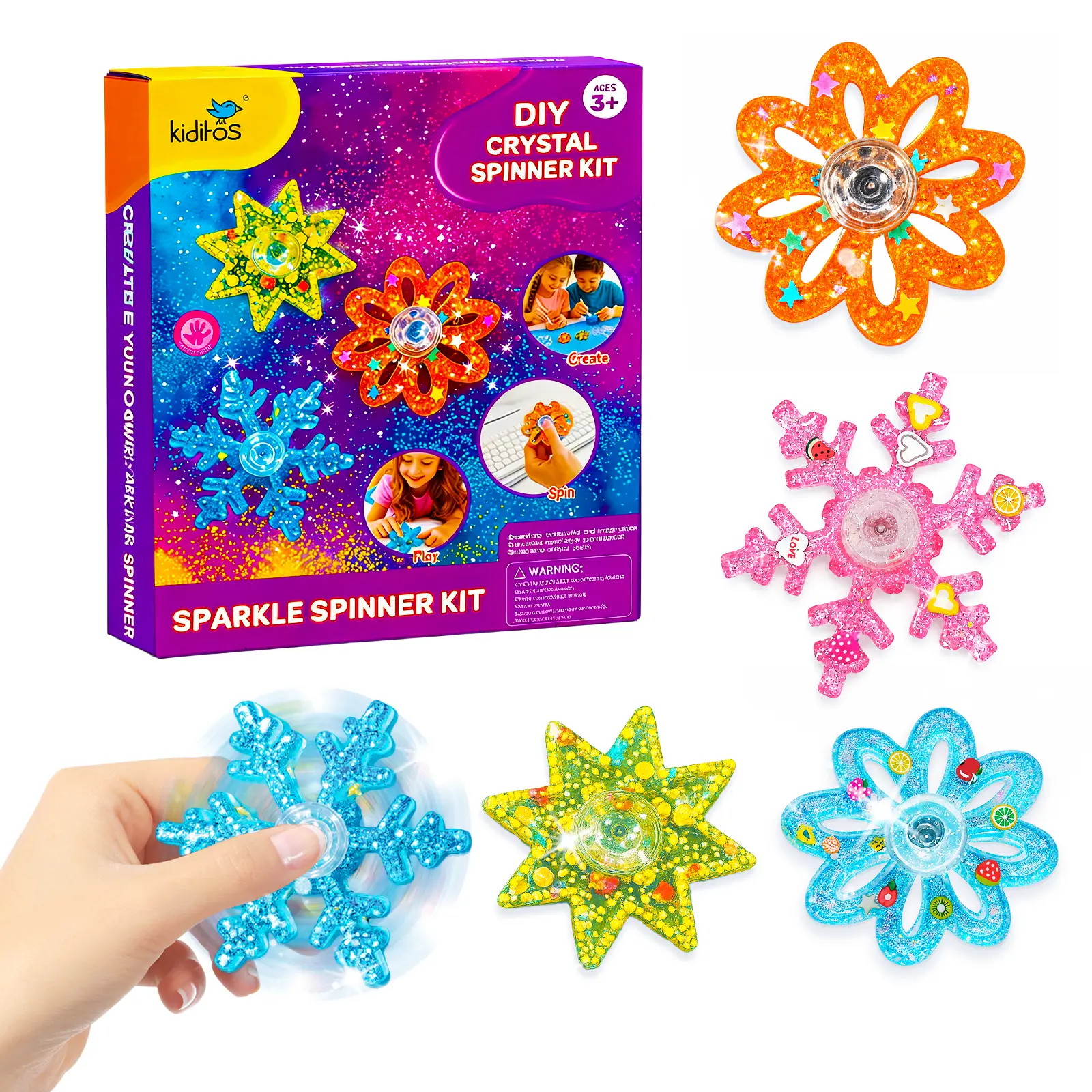 Kiditos DIY Resin Fidget Spinner Making Kit, Complete Beginner Craft Set with 3 Silicone Molds, 6 Bearings & Glitter Sequins, Sparkly Sensory Stress Relief Toy, Birthday Gift for Kids Ages 3+