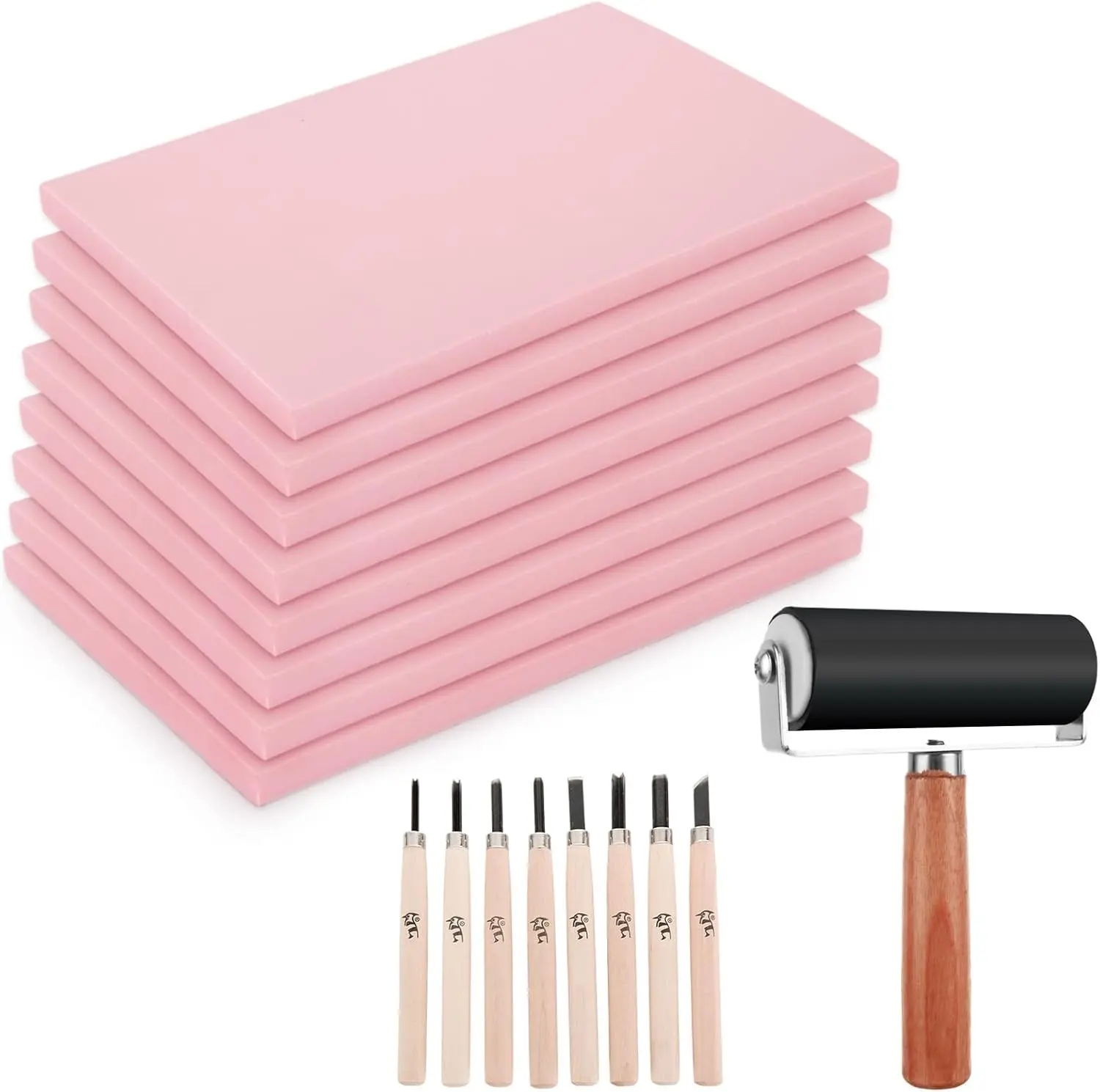 8PCS 4x6 Inch Linoleum Carving Blocks for Printmaking Rubber Linocut Block Stamp Making Kit with Wood Carving Tools Rubber Brayer Roller Soft Stamp Carving Kit for DIY Crafts