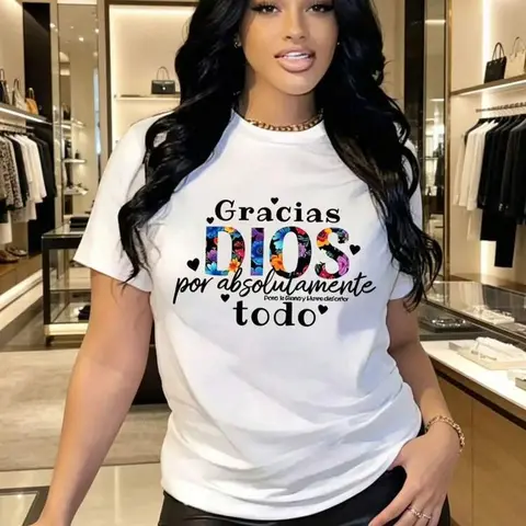 Women's Graphic Tees,Women's Faith Inspired Spanish "Gracias DIOS" Print T-Shirt - Soft Stretch Knit Crew Neck Short Sleeve,Trendy Clothes, All-Season Comfort Casual Tee for Summer Vacation Casual Attire, Comfortable Fit Shirt summer  clothes Plus Size