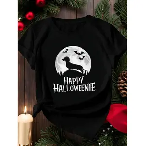 [Halloween Graphic T-Shirt] Lightweight Breathable Halloween Graphic T-Shirt - Happy Halloween Text with Spooky Dog, Bats - Black Shirt for Halloween Parties & Casual Attire - Machine Washable Casual Top, Seasonal Clothing, Fun Pr