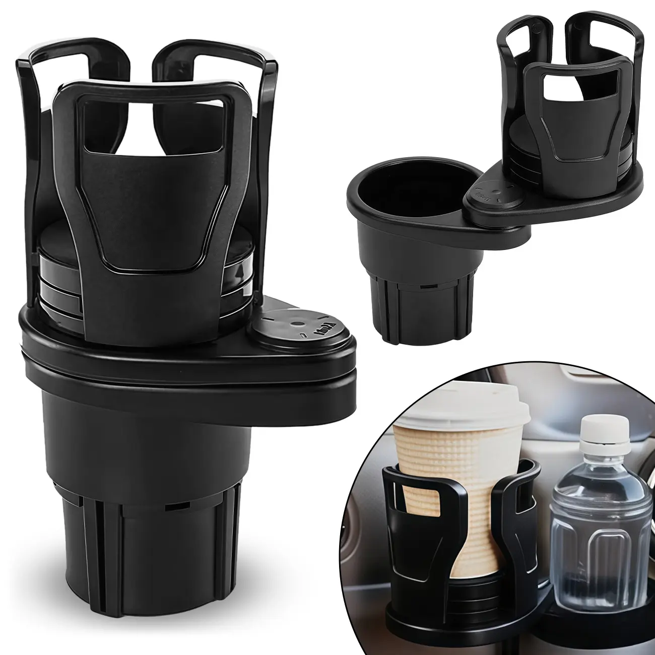 Extendable Rotating Car Cup Holder - Universal Cup Holder with Adjustable Base for Large Bottles, Cans, Cups - Heavy Duty Non-Slip Car Organizer