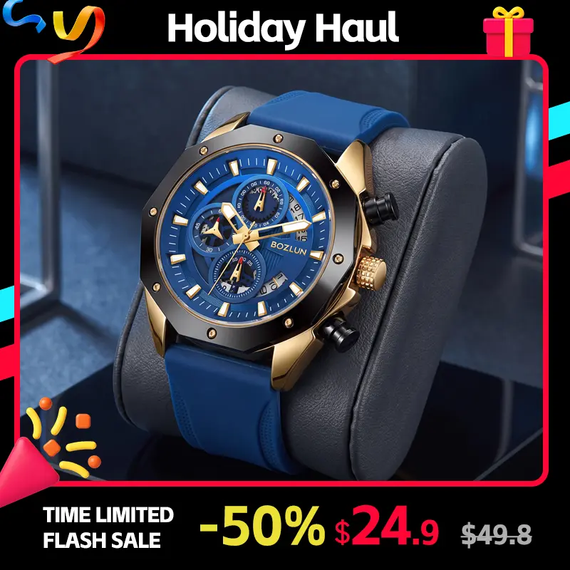 BOZLUN 47mm Fashionable Waterproof Analog Men's Watch - Geometric Multi-Dial Sport Wristwatch with 30M-50M Water Resistance, Stopwatch, Calendar, Luminous Hands, Hardlex Glass, Zinc Case, Silicone Band, Clasp for Sport, Daily Wear, Fashionable Waterproof