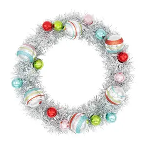 FESTIVE FETE SILVER TINSEL WREATH WITH 1" AND 1.75" ROUNDS