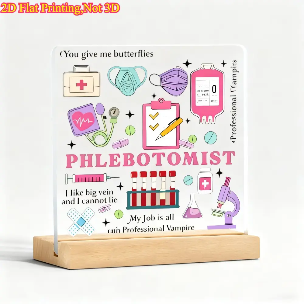 Acrylic-Wood Funny Phlebotomist Medical Tools Table Sign with Wooden Stand, Phlebotomy Tech Humor Quote Plaque, Healthcare Staff Appreciation Holiday Gift, Desk Accessory for Desk Setup Aesthetic
