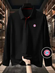 Men's Solid Color Long Sleeve Polo Shirt, High-End Fashion Fabric, Casual Sports Leisure Wear, All Seasons, Bayern Munich Logo
