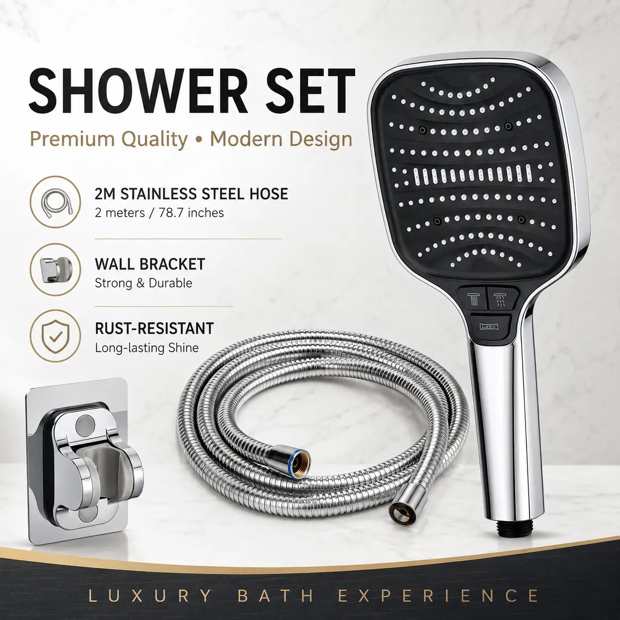 2-in-1 High Pressure Shower Head with Power Jet | 7-Mode Handheld Shower Set with 2M Anti-Rust Hose & Drill-Free Mount, Renter-Friendly No Wall Damage, Cleans Toilet & Floor Corners Easily, Perfect for Bathroom Upgrade, Pet Washing & Household Cleaning