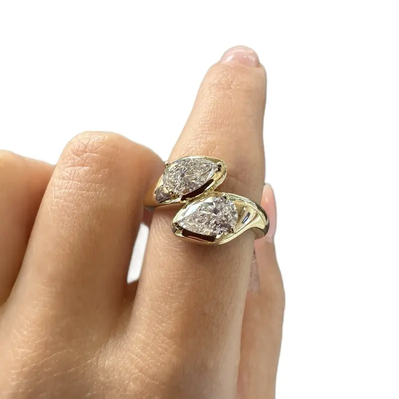 Double Pear-Shaped Lab-Grown Diamond Ring 14KT Yellow Gold 2.03CT FG VS Total Weight Bold Modern Design