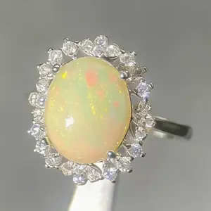 Adjustable 925 Sterling Silver Colorful Fire Opal Halo Statement Ring