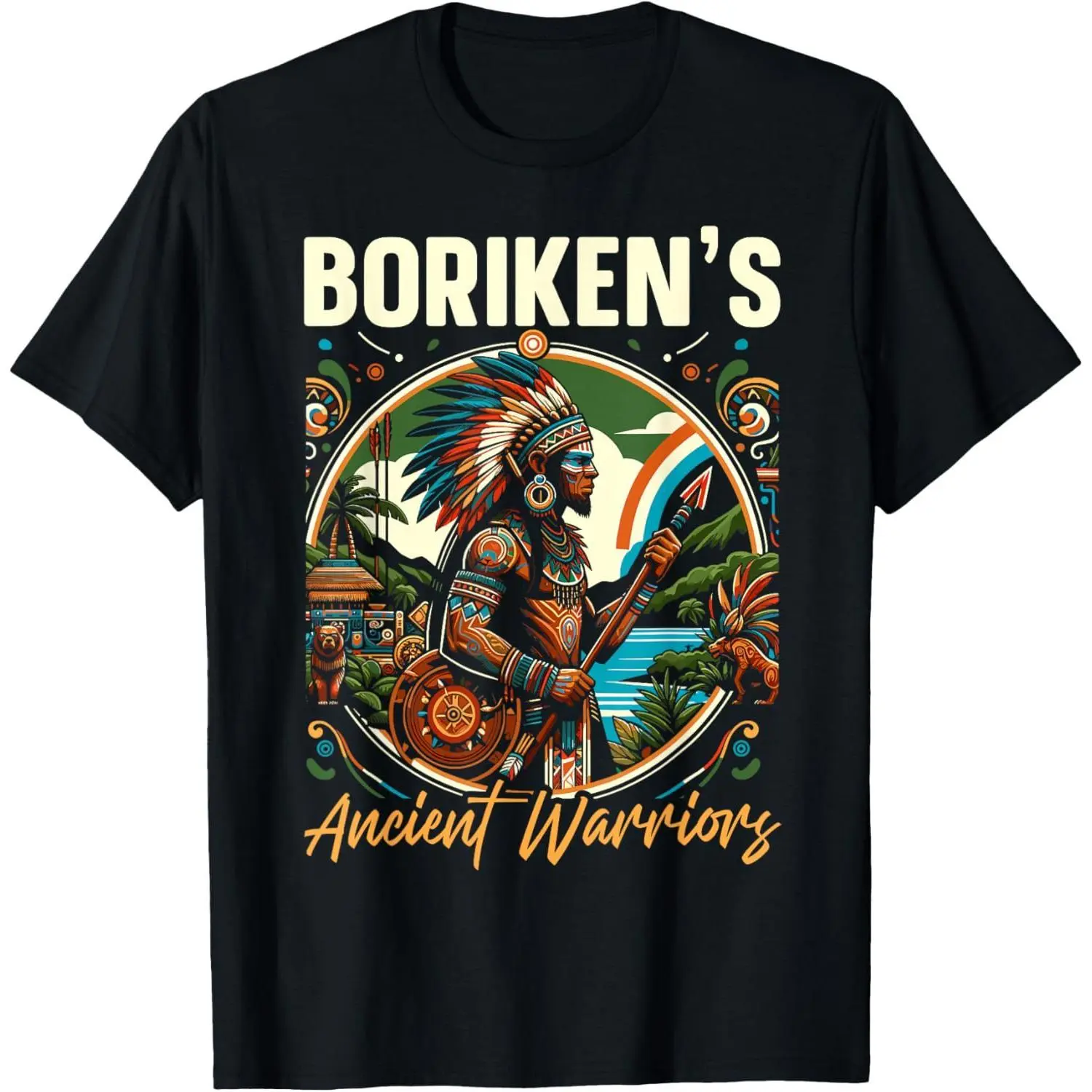 Men's Casual Short-Sleeve Round Neck T-Shirt, Menswear Streetwear Featuring Indigenous Caribbean Taino Warrior from Puerto Rico