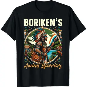 Men's Casual Short-Sleeve Round Neck T-Shirt, Menswear Streetwear Featuring Indigenous Caribbean Taino Warrior from Puerto Rico
