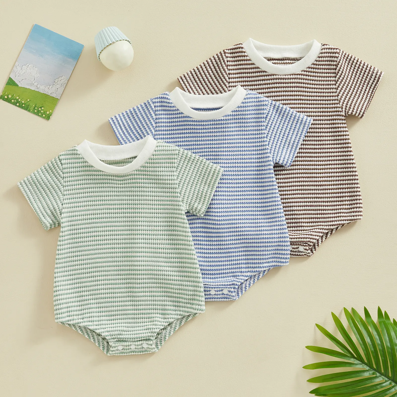 Unisex Infant Waffle Knit Striped Romper - Short Sleeve Oversized Bubble Bodysuit, 0-3 Months 41 cm Summer Baby Clothes