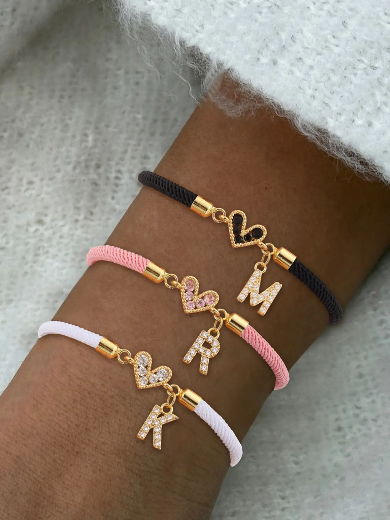 Women's Zircon Heart Initial Letter Link Jewelry Bracelet, Fashion Multi-Color Adjustable Wristband, Casual Style for All Seasons