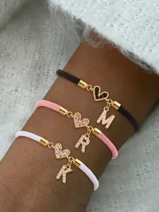 Women's Zircon Heart Initial Letter Link Bracelet, Fashion Multi-Color Adjustable Wristband, Casual Style for All Seasons