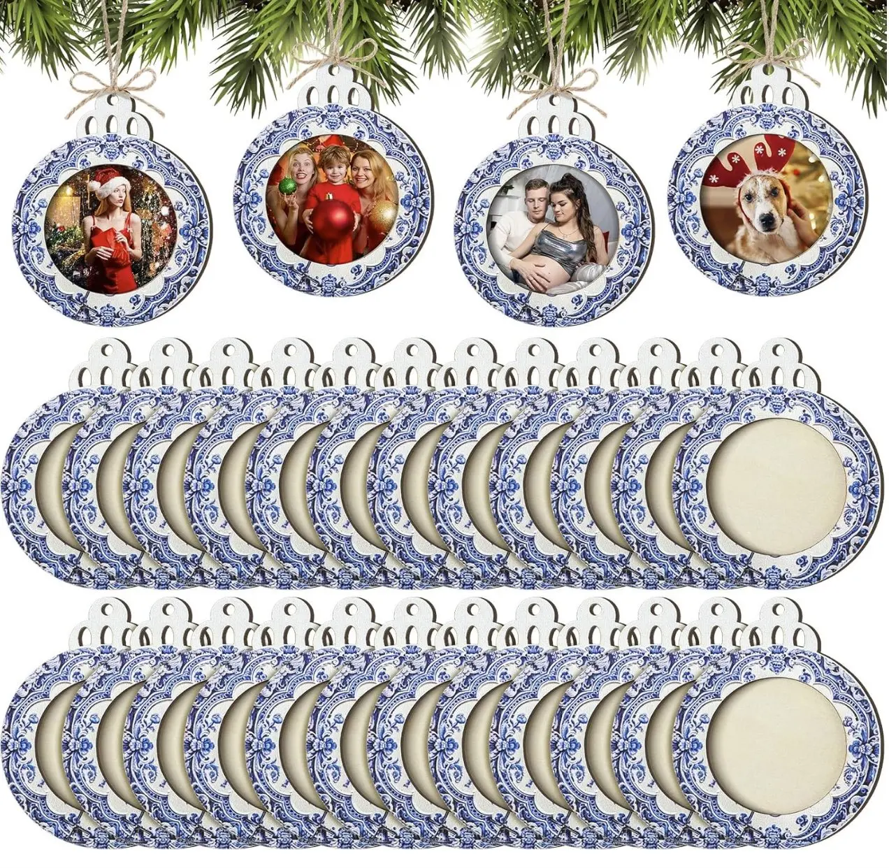 24 Pcs Christmas Pictures Frame Ornaments Bulk Blue and White Chinoiserie Photo Frames Ornaments Wooden Blue Christmas to Put Pictures in Stocking Stuffers