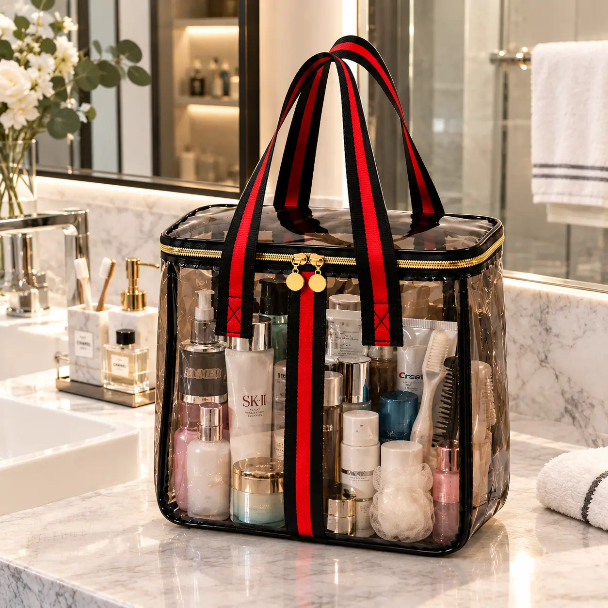 Soerfrin-Durable PVC Makeup Organizer,Large-Capacity Waterproof Toiletry Bag,Stylish, Leak-Proof, Upright Travel Cosmetic Bag featuring gold zippers and minimalist black trim; a transparent, portable bag suitable for women's daily use and travel.