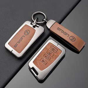 Brown Metal Leather Key Fob Cover Fit for Lexus