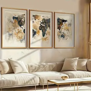 3pcs Vintage World Map Canvas Art with Wooden Frame, Wooden Wall Art, Office Home Decor, Travel Memory Theme, High-Quality Mdf Material, Made in China