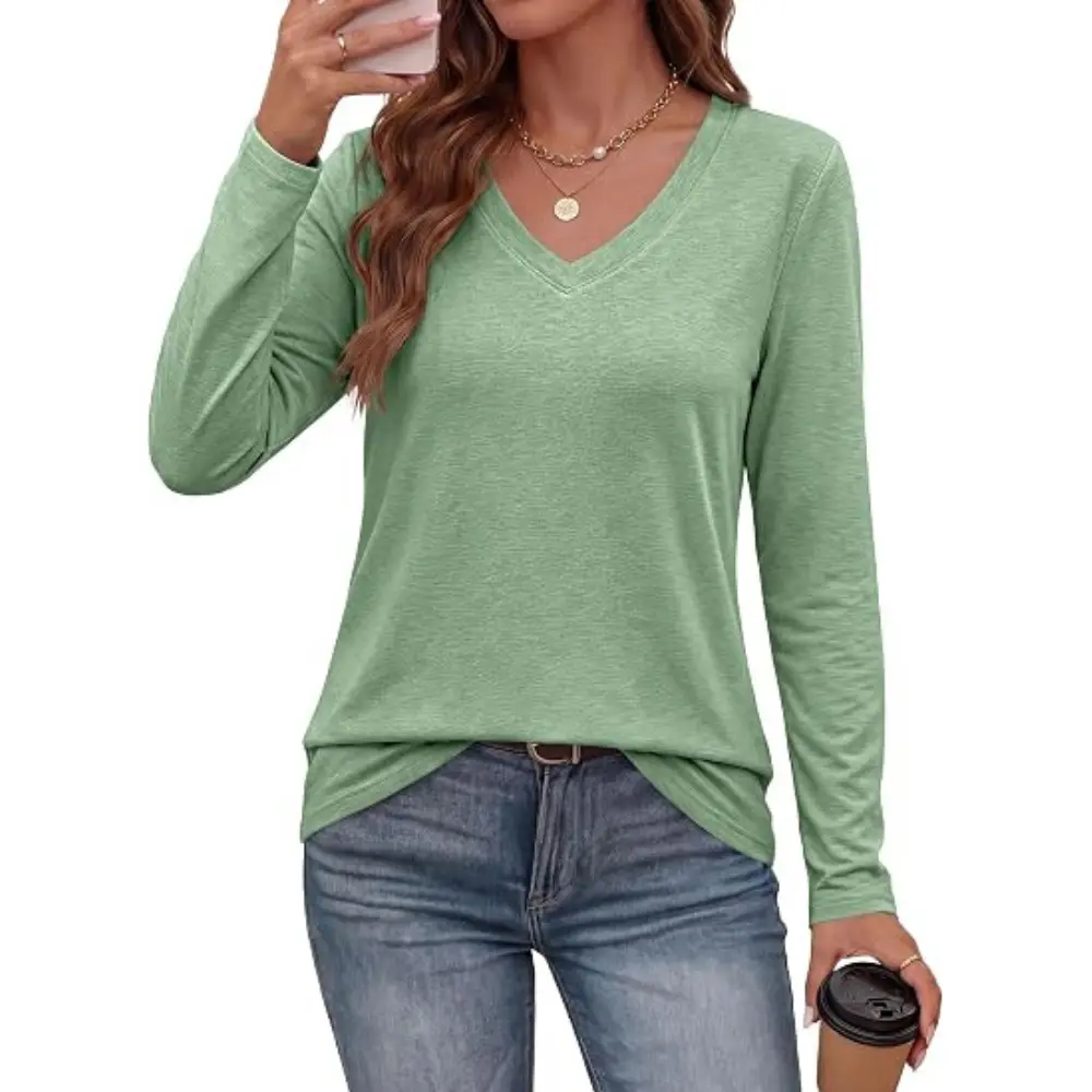 PRETTYGARDEN Womens Long Sleeve Shirts V Neck Basic Tees | Going Out Tops, Soft Comfy, Plain Cotton T-Shirts, Loose Fit Tunic Blouses, Casual Layering, Fall Outfits, Fashion Clothing