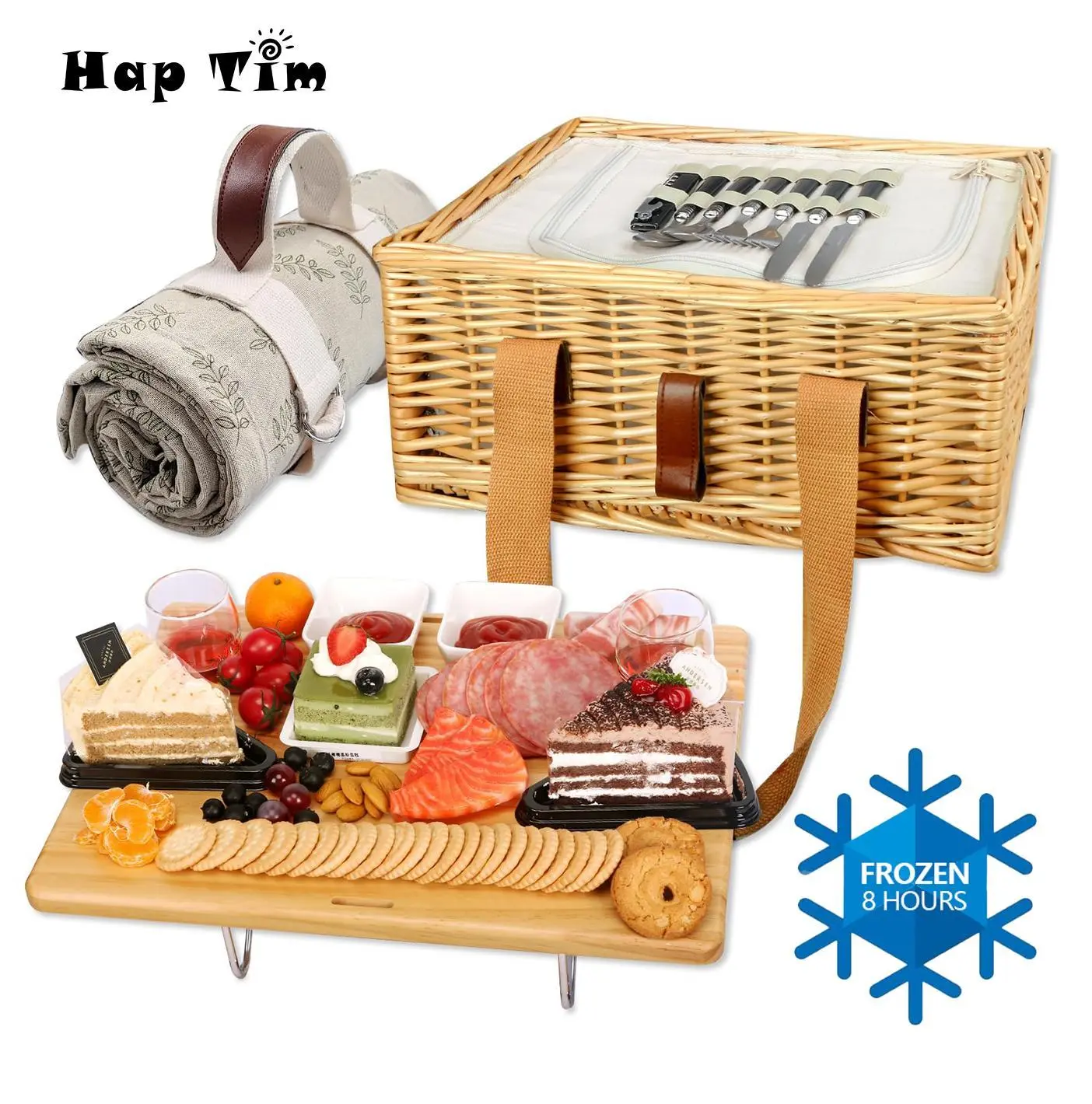 Hap Tim Wicker Picnic Basket for 2/4 Person with Picnic Blanket, Foldable Wine Picnic Table & Large Insulated Cooler Bag & Cutlery Service Kits Insulated Woven Beach Cooler Bag Perfect for Outdoor Picnics and Gifts #Summervibes