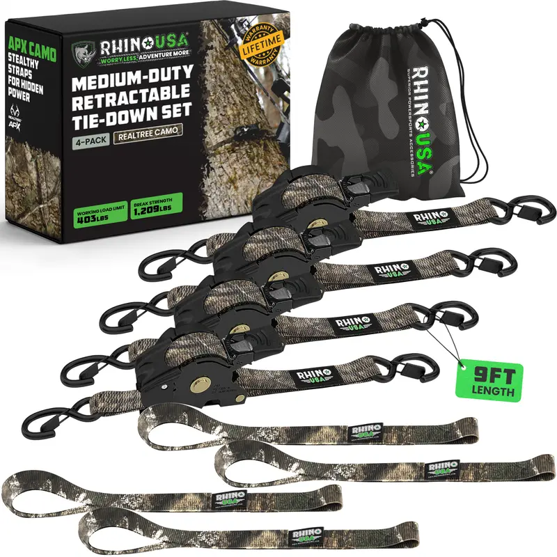Rhino USA 1" x 10' Retractable Ratchet Straps (select 2 pack or 4 pack) - Medium Duty Self Retracting Tie Down Straps for Truck, Cargo Trailer 8