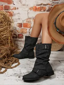Women's Fashionable Slip-On Ruched Boots, Buckle Design, Comfortable Casual Wear, Round Toe Flat Sole, Perfect for Fall & Winter, Pull On Boots
