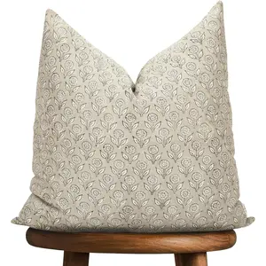 Hand-block printed, artisan-ma neutral accent throw cushion cover- Thick cotton cushion for sofa, bed, chair, Livingroom,  cor, gifting, spring vibe, boho - Aline (Muslin Beige, 20" x 20")