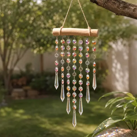 Crystal Sun Catcher, Hanging Suncatcher Prism Wind Chime, Handmade Rainbow Maker Indoor Outdoor Decor for Window Bedroom Courtyard Garden, Bless Gift