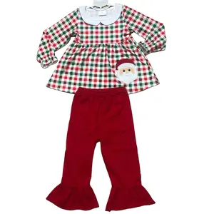 Girl Christmas Outfit Santa Claus Embroideried Plaid Toddler Christmas Gift Clothing Set