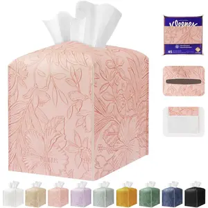 PU Leather Square Tissue Box Holder Cover with Bottom Belt Cube Tissue Organizer for Bathroom Tabletop Kitchen Office Home Car RosyPink