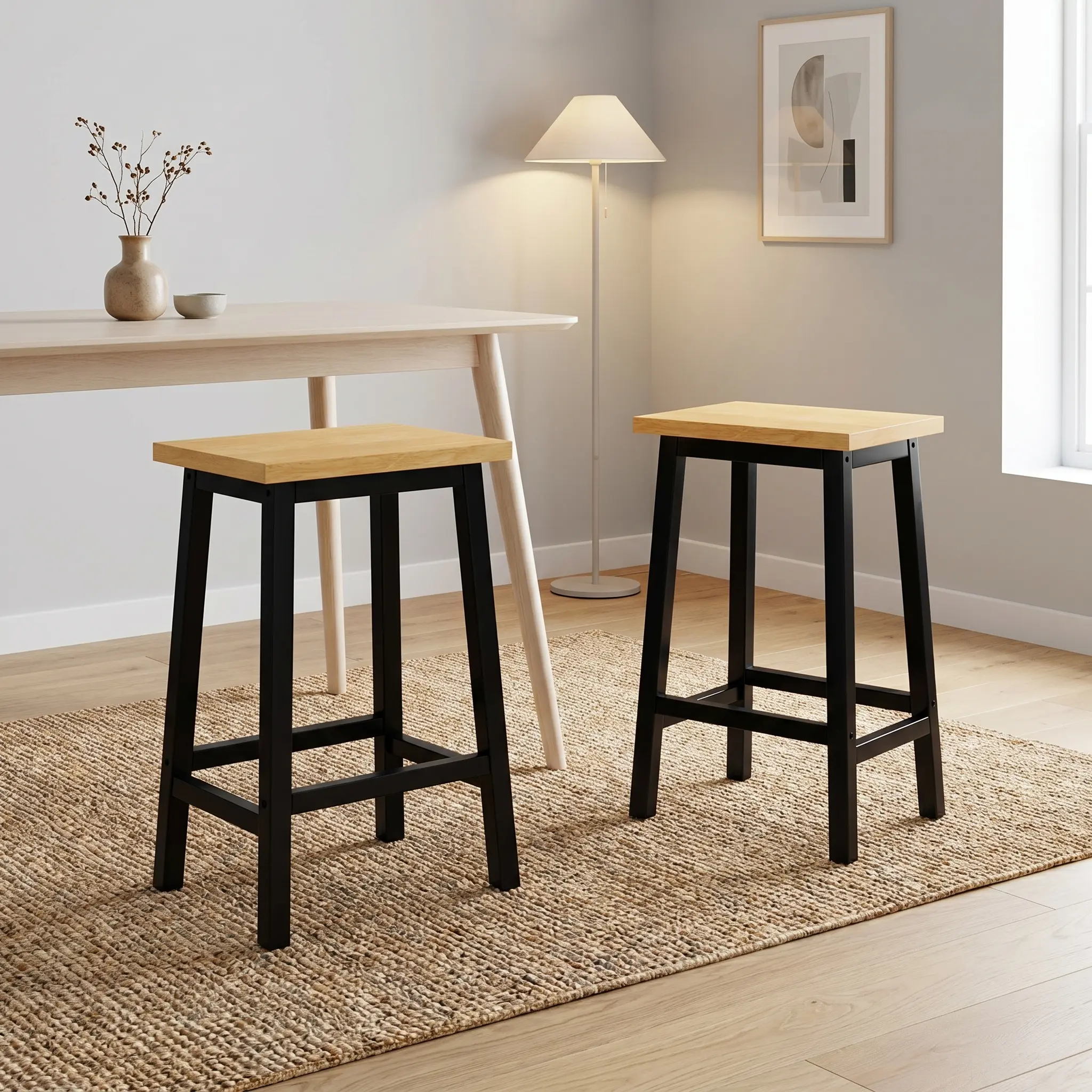 2-Piece Farmhouse Solid Wood Bar Stools - Counter Height Chairs with Footrests for Kitchen, Dining Room Home Bar Furniture