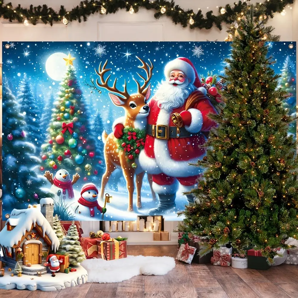 Christmas Banner - 2D Flat Durable Polyester, Santa & Reindeer Snow Scene, Outdoor Winter Celebration Wall Hanging Backdrop, Home Room Decor, Outdoor Banners, Decoration, Ceremony