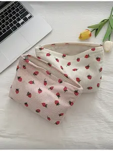 Beige Strawberry Pattern Women's Cosmetic Bag Corduroy Makeup Pouch Aesthetic Ladies Handheld Bag Course Storage Bag Girls Toiletry Bag Travel Organizer Cutting Cosmetic Case Back to School Bag Travel Cosmetics Organizer