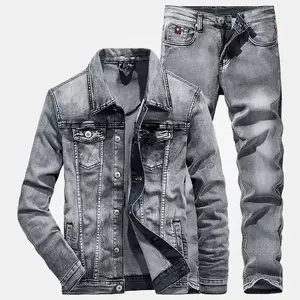 Men 2 piece sets new simple autumn smoky gray long sleeve jacket + jeans fashion slim couple suit Casual Clothes
