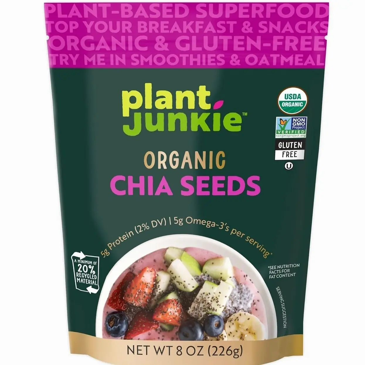 Plant Junkie Organic Chia Seeds, 8oz, USDA Organic, Non-GMO, Gluten Free, Kosher, 37% DV of Fiber, for Smoothies, Baking & More