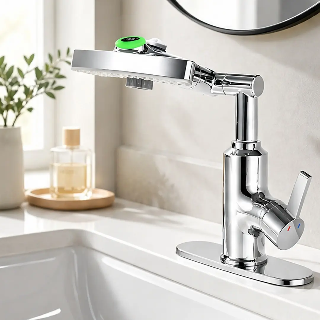 LED Temperature Display Bathroom Sink Faucet, 3 Water Modes & 360° Rotating Spout, Single Handle Vanity Faucet with Digital Screen, Chrome Finish Brass Bathroom Tap for Hand Washing, Face Cleaning, Hair Washing, Pet Bathing, Chrome Color Options