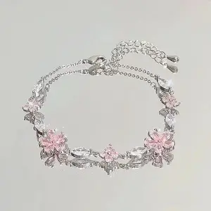 Shiny Pink Crystal Cherry Blossom Bracelets For Women Girls Sweet Moon Bow Flowers Zircon Bracelet Party Aesthetic Egirl Jewelry（gift）