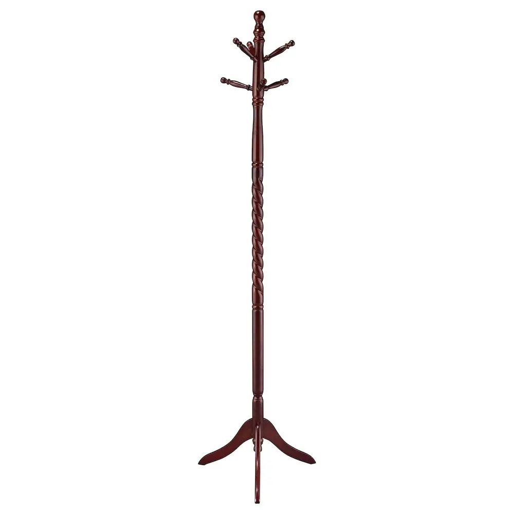 Riona Traditional 6-Hook Freestanding Wood Coat Rack Hat Hanger with Tripod Base & Twist Center, Merlot, Ideal for Dinner Party Hosts, Elegant, Multiple Tiers