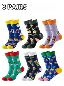 6 Pairs Food Theme Mid-Calf Socks for Men and Women, Breathable and Skin-Friendly, Fun Patterns Like Eggs, Donuts, Hamburgers, Bright Colors