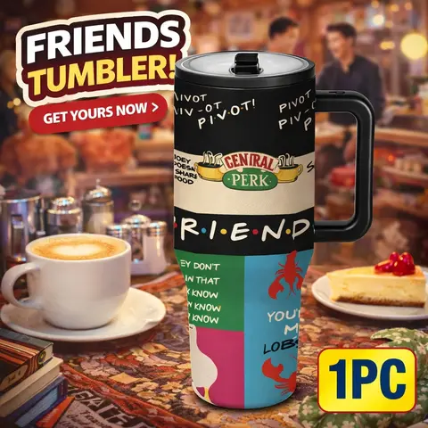 1pc 40oz Friends Coffeehouse Tumbler, Insulated Drinkware, Stainless Steel Insulated Mug with Handle, Vacuum Insulated Cups, Retro Quote Travel Cup for Coffee, Tea and Cold Drinks, Large Capacity Vacuum Flask Gift for Friends, Dad Tumbler